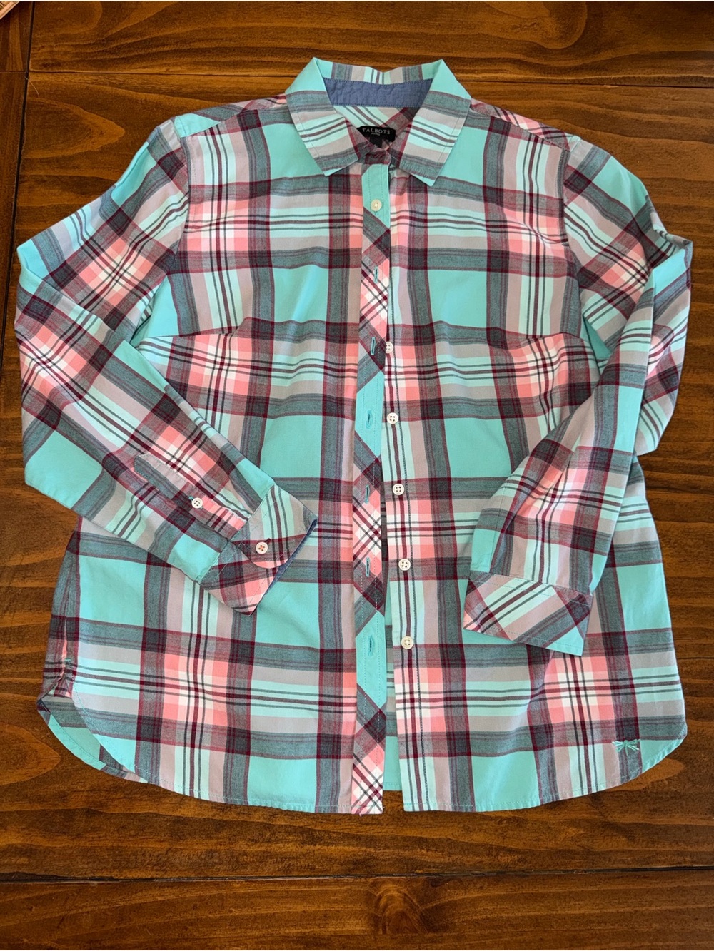 Talbots MP Teal and Pink Plaid Button-Down Flannel Shirt - Casual Long Sleeve
